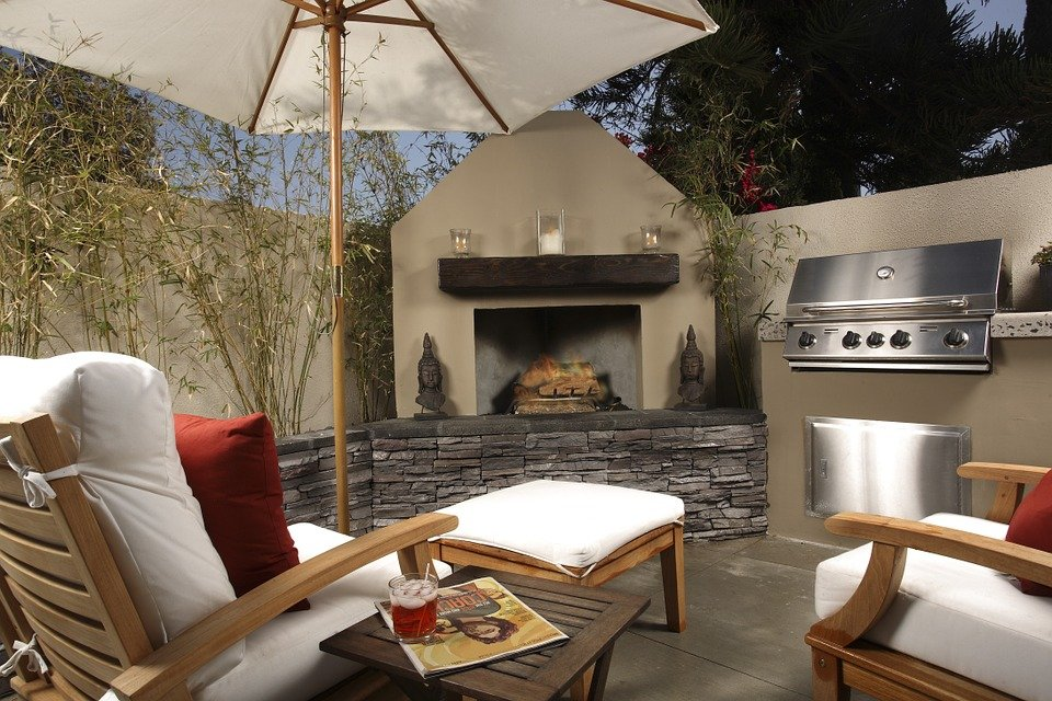  A patio with a fireplace