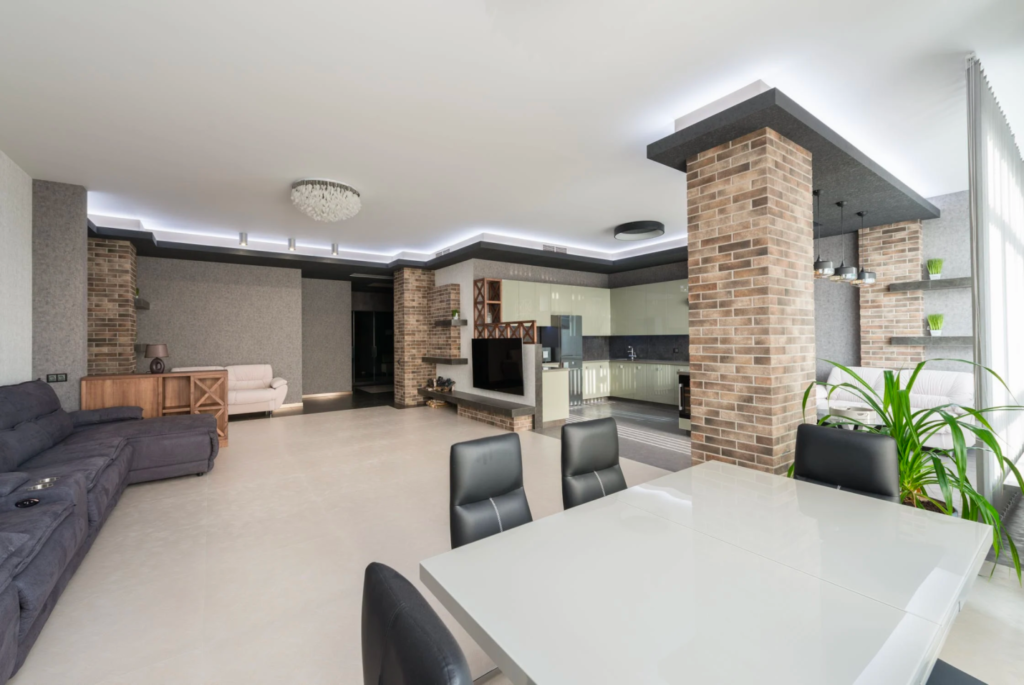 A home’s interior columns and walls with brickwork.