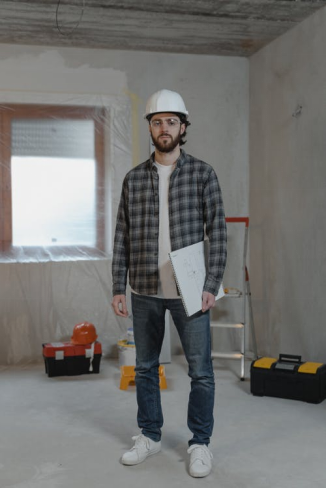  a construction worker in a plaid shirt.